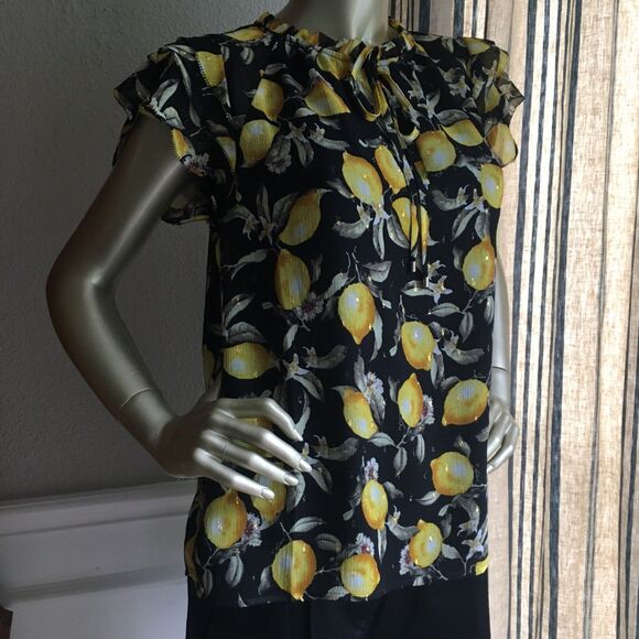 EUC White House Black Market Black Mesh Ruffle Lemon Top S - Picture 6 of 9